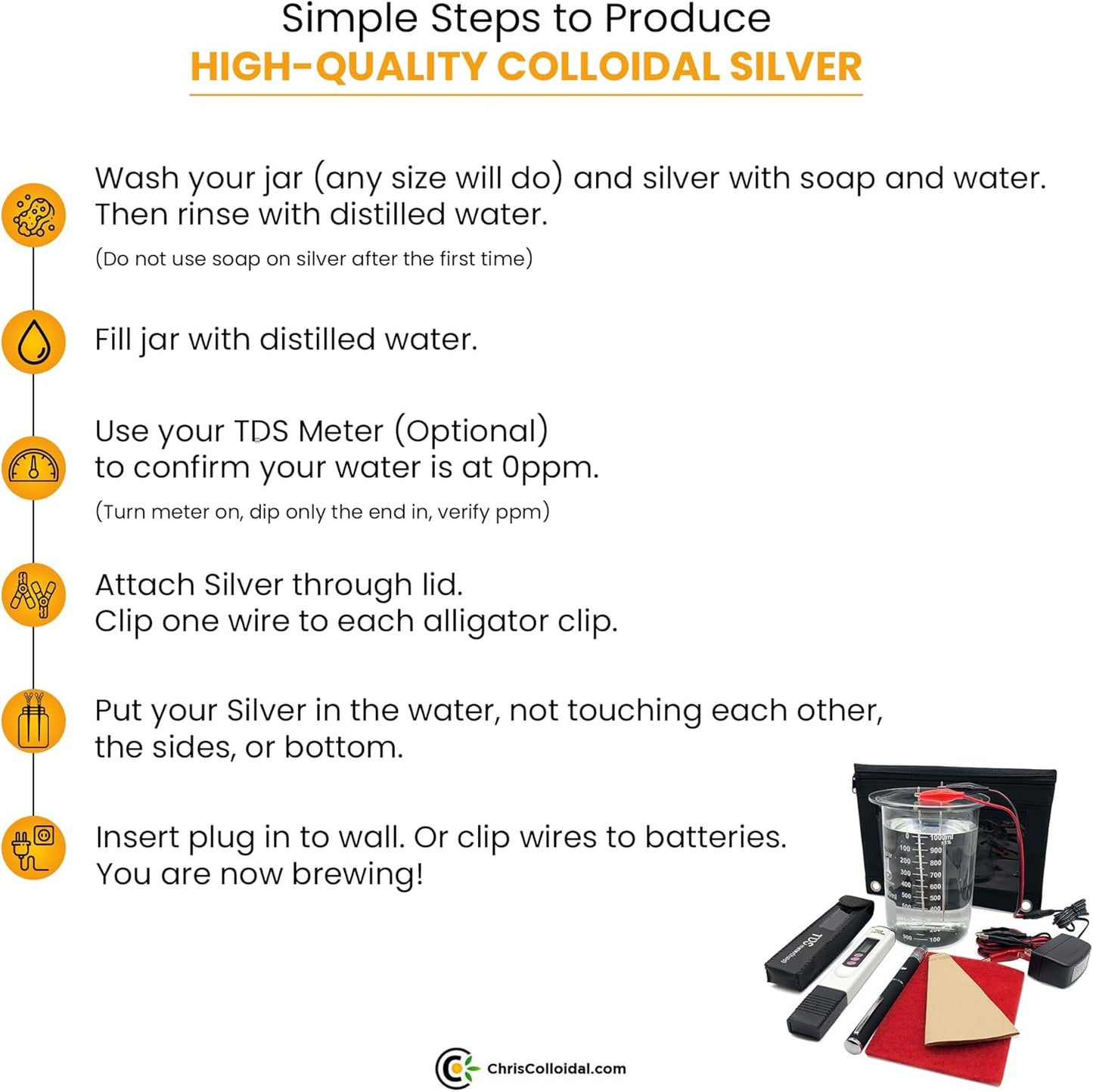 Chris Colloidal Silver Generator Kit - 99.99% Pure Wire, Easy DIY at Home with Distilled Water!