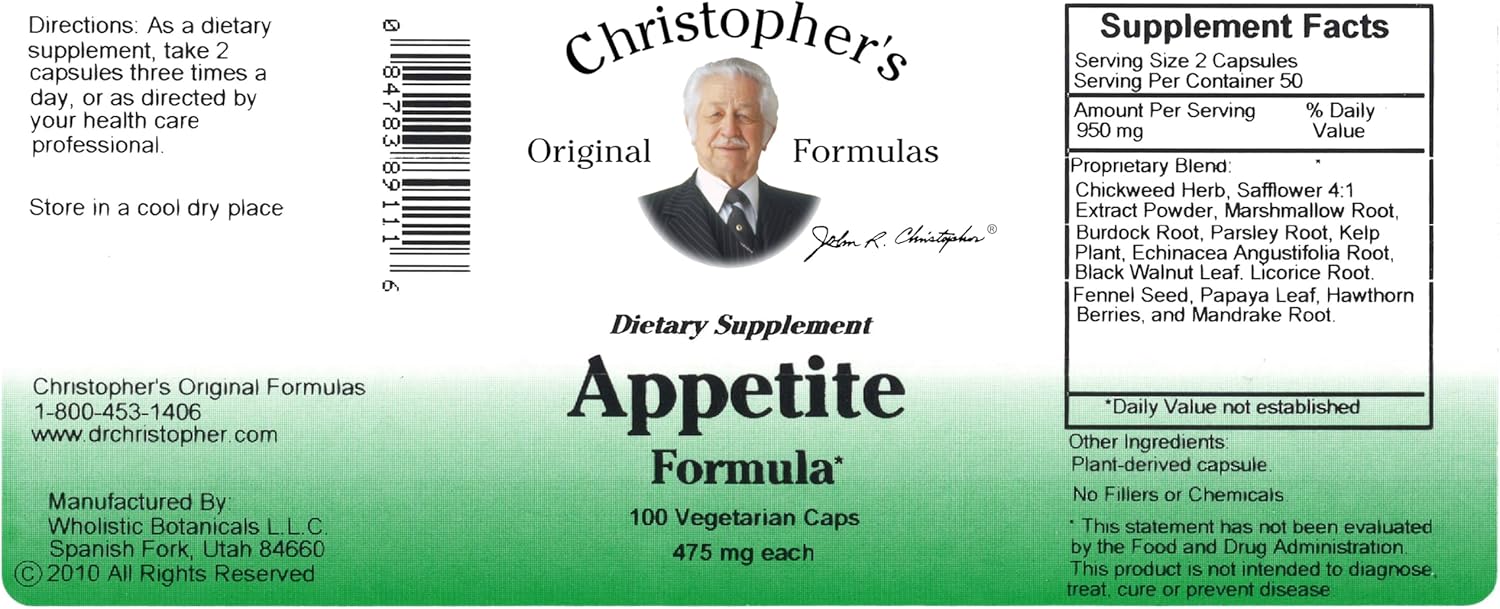 Christopher's Original Formulas Appetite Formula - 100 Capsules, Herbal Blend for Appetite Control and Digestive Health