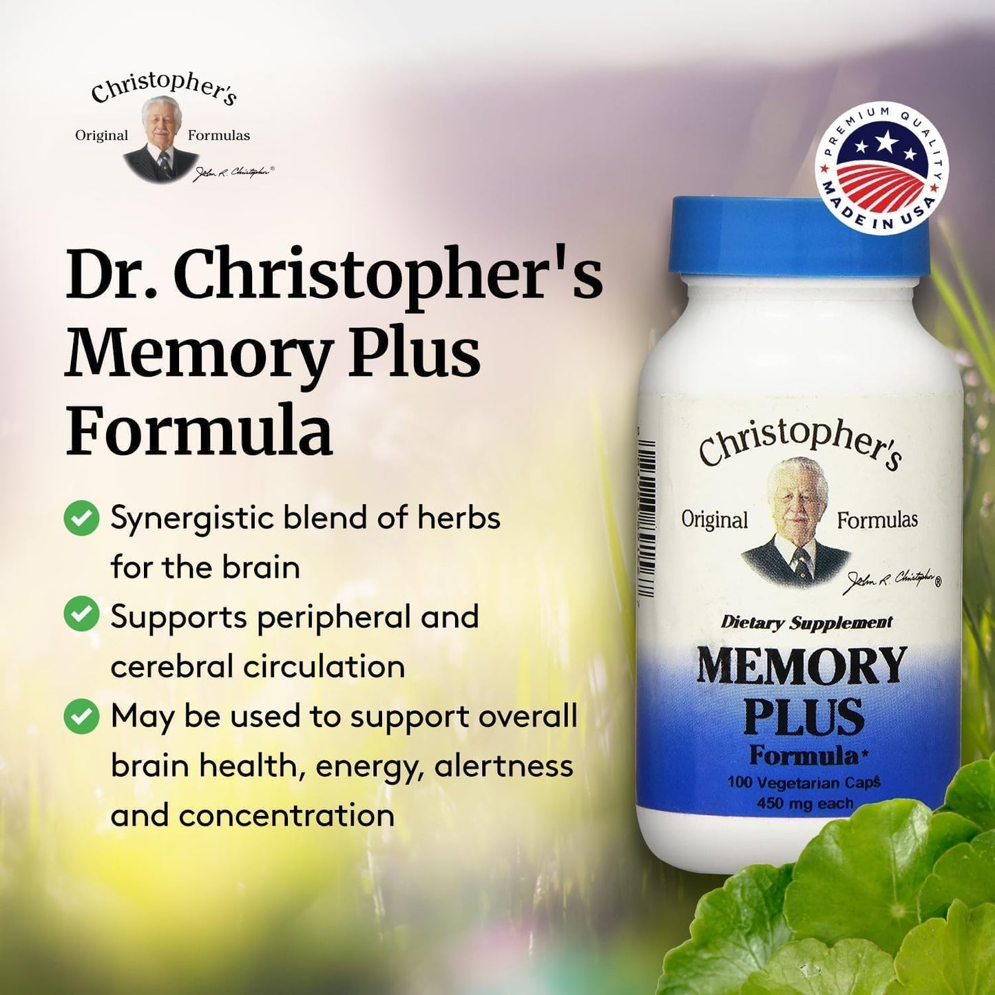 Christopher's Original Formulas Memory Plus Herbal Blend - Enhance Memory, Focus, & Cognitive Function - Natural Brain Supplements for Energy & Alertness