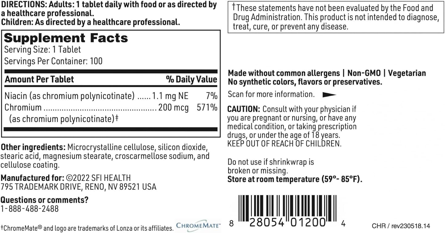Chromemate Chromium Polynicotinate 200mcg Supplement by Klaire Labs - Hypoallergenic and Bioavailable Form with Niacin - 100 Tablets