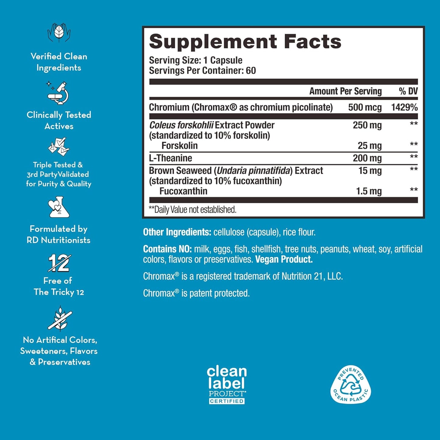 Chromium Craving Suppressants with L-Theanine, Seaweed Extract & Forskolin for Healthy Lifestyle - 60 Count