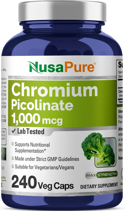 Chromium Picolinate 1000mcg Supplement - 240 Veggie Capsules (Non-GMO, Gluten Free) by NusaPure