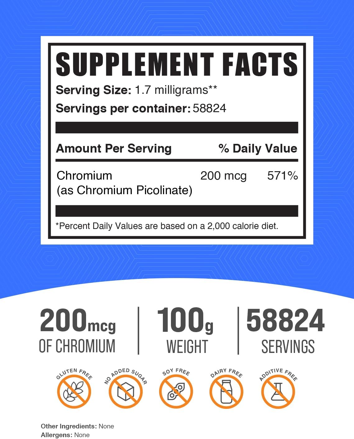 Chromium Picolinate Powder Supplement - 200mcg Chromium, Yeast Free, 1.7mg per Serving - 100g (3.5 oz) - Pack of 1