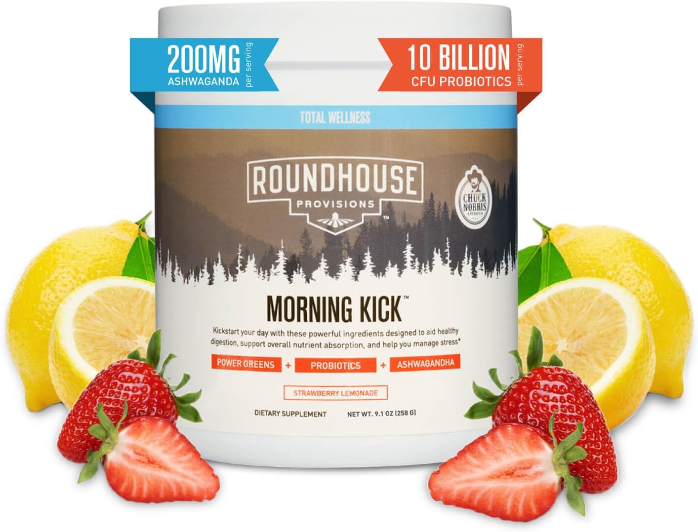 Chuck Norris Roundhouse Provisions Morning Kick Greens Superfood Powder with Ashwagandha, Collagen, Probiotics - Boosts Energy, 30 Servings - Strawberry Lemonade