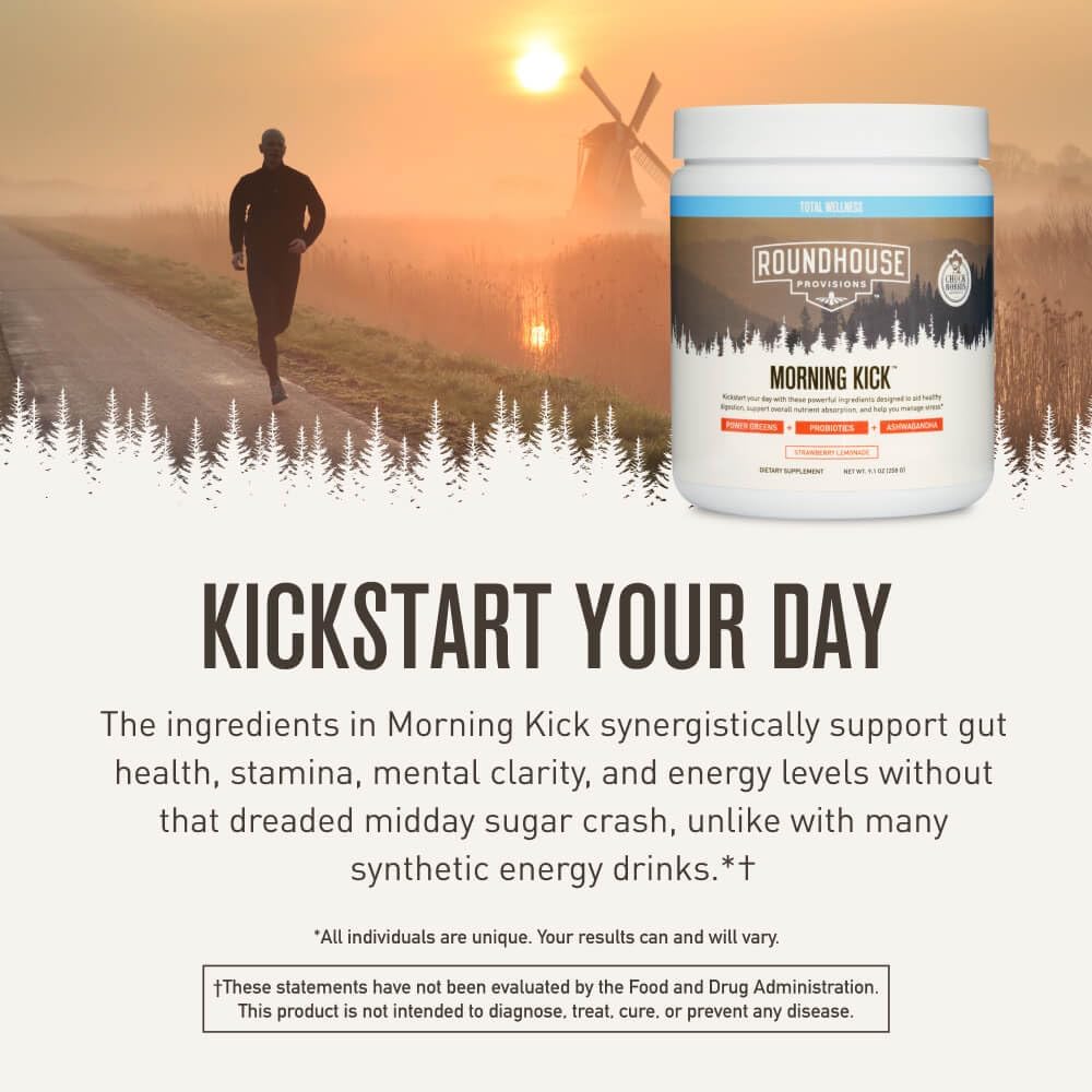 Chuck Norris Roundhouse Provisions Morning Kick Greens Superfood Powder with Ashwagandha, Collagen, Probiotics - Boosts Energy, 30 Servings - Strawberry Lemonade