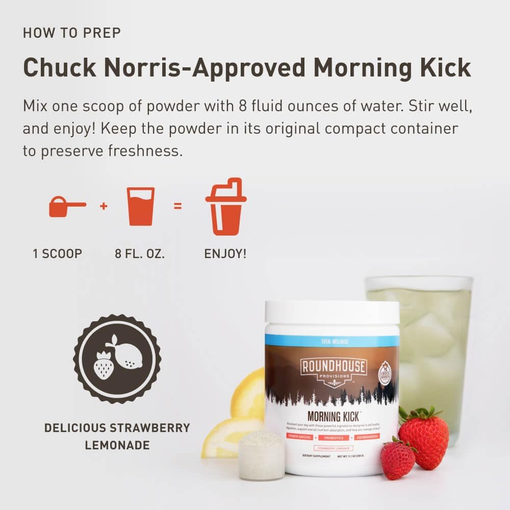 Chuck Norris Roundhouse Provisions Morning Kick Greens Superfood Powder with Ashwagandha, Collagen, Probiotics - Boosts Energy, 30 Servings - Strawberry Lemonade