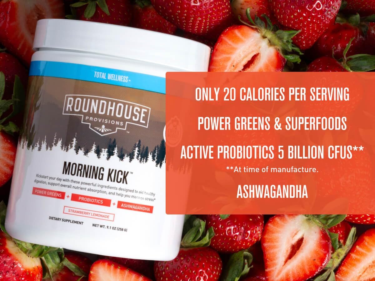 Chuck Norris Roundhouse Provisions Morning Kick Greens Superfood Powder with Ashwagandha, Collagen, Probiotics - Boosts Energy, 30 Servings - Strawberry Lemonade