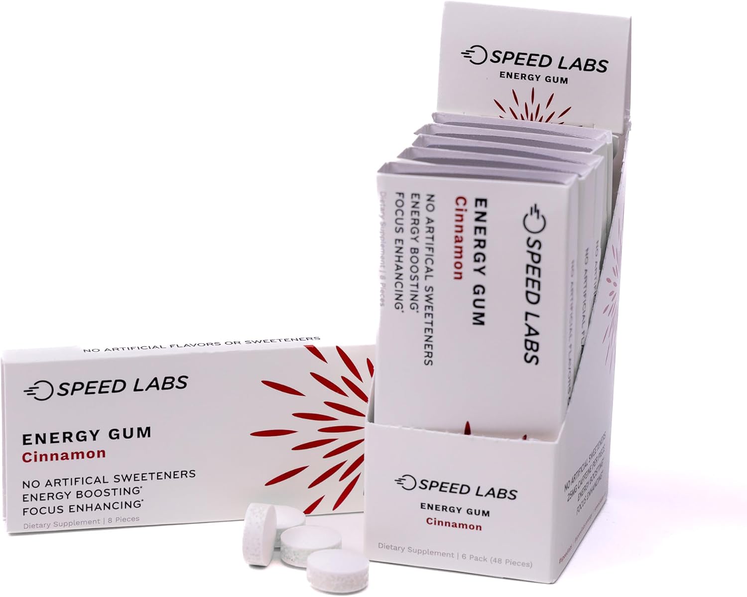 Cinnamon Natural Caffeine Energy Gum - 25mg Caffeine, Taurine, B Vitamins - 48 Pieces (6 Packs)