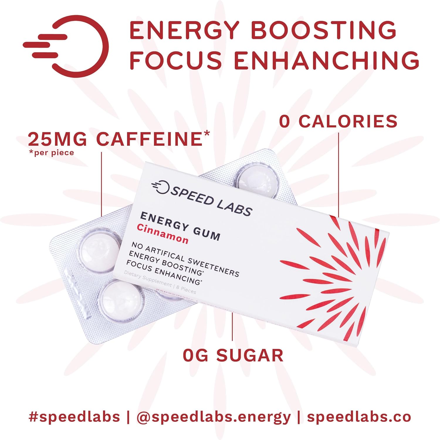 Cinnamon Natural Caffeine Energy Gum - 25mg Caffeine, Taurine, B Vitamins - 48 Pieces (6 Packs)