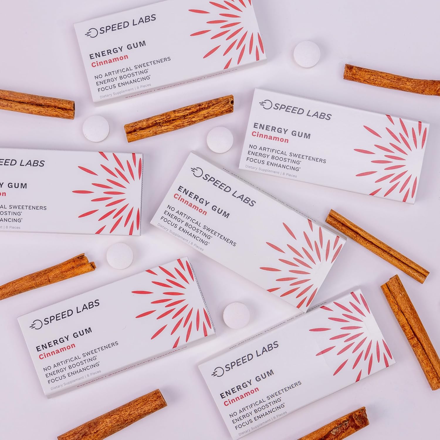 Cinnamon Natural Caffeine Energy Gum - 25mg Caffeine, Taurine, B Vitamins - 48 Pieces (6 Packs)