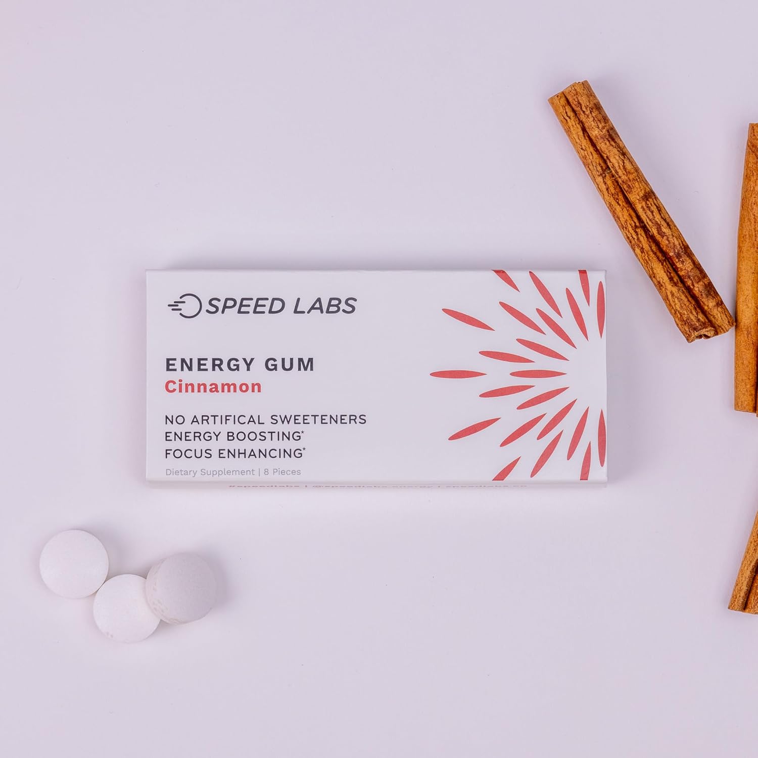 Cinnamon Natural Caffeine Energy Gum - 25mg Caffeine, Taurine, B Vitamins - 48 Pieces (6 Packs)