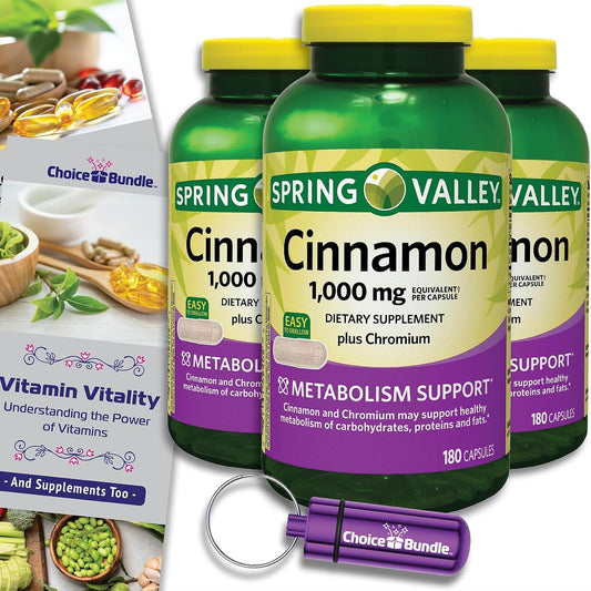 Cinnamon Plus Chromium Capsules Dietary Supplement Bundle with 1,000 mg 180 Ct 3 Pk + "Vitamin Vitality" Guide & Pill Container - 540 Total Items