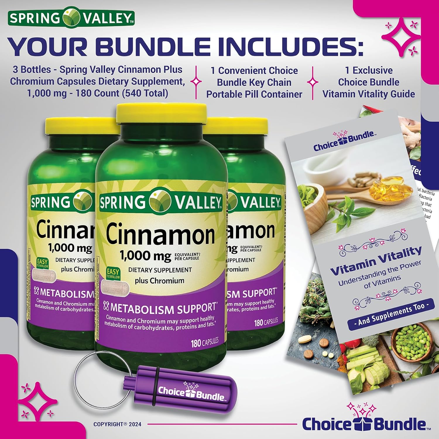 Cinnamon Plus Chromium Capsules Dietary Supplement Bundle with 1,000 mg 180 Ct 3 Pk + "Vitamin Vitality" Guide & Pill Container - 540 Total Items