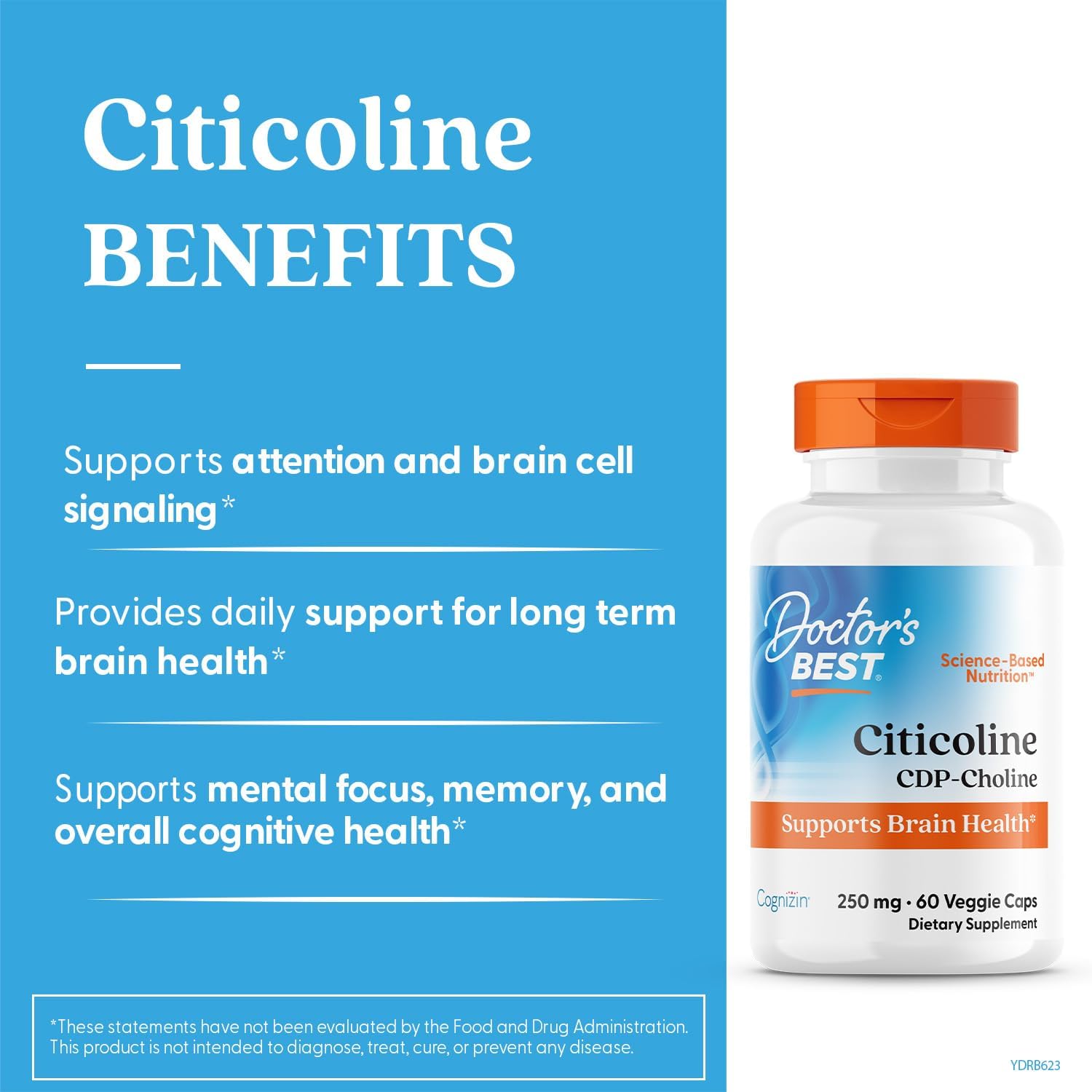 Citicoline CDP-Choline by Doctor's Best: Brain Health Support, Non-GMO, Gluten Free, Vegan - 60 Veggie Caps