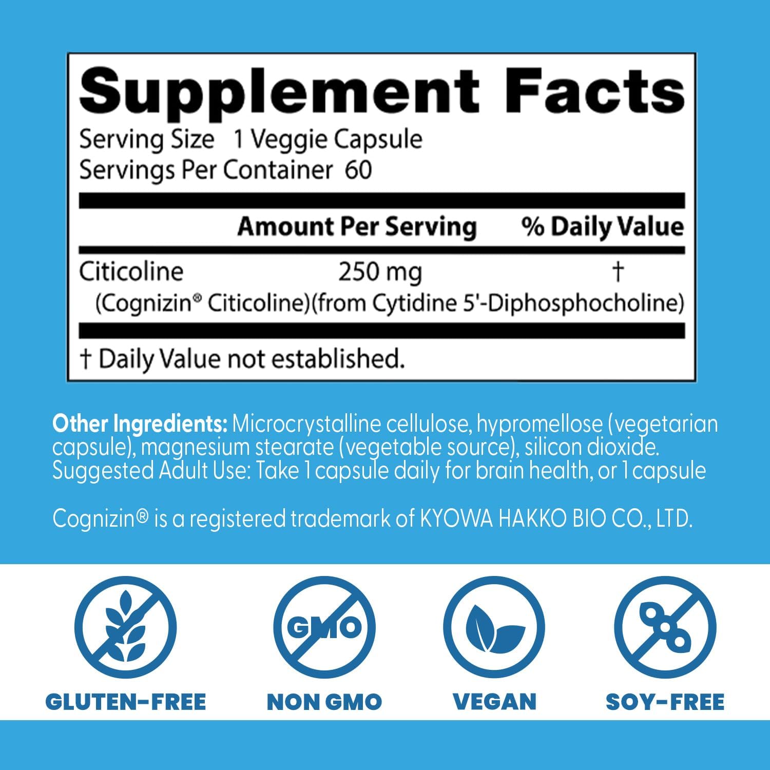 Citicoline CDP-Choline by Doctor's Best: Brain Health Support, Non-GMO, Gluten Free, Vegan - 60 Veggie Caps