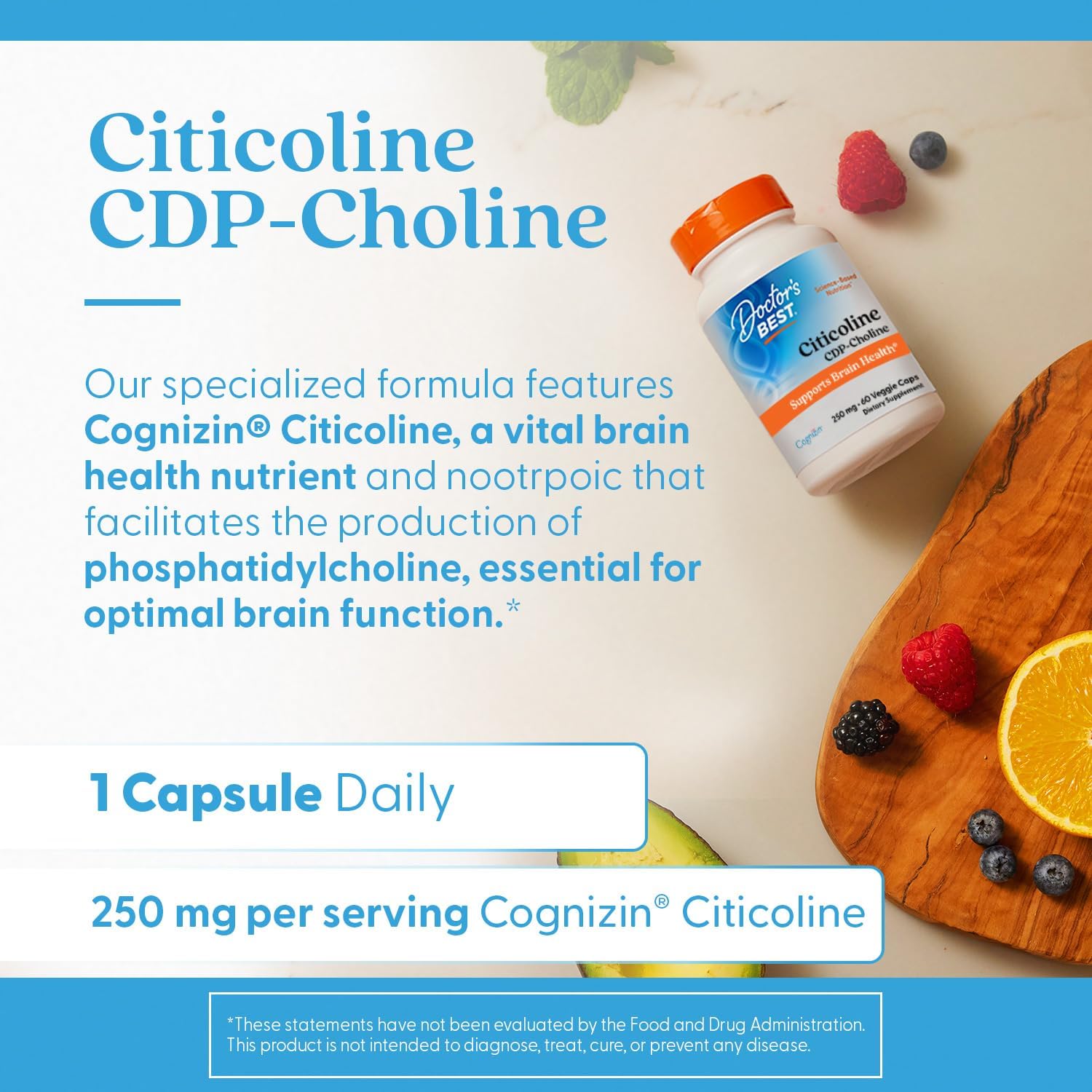 Citicoline CDP-Choline by Doctor's Best: Brain Health Support, Non-GMO, Gluten Free, Vegan - 60 Veggie Caps