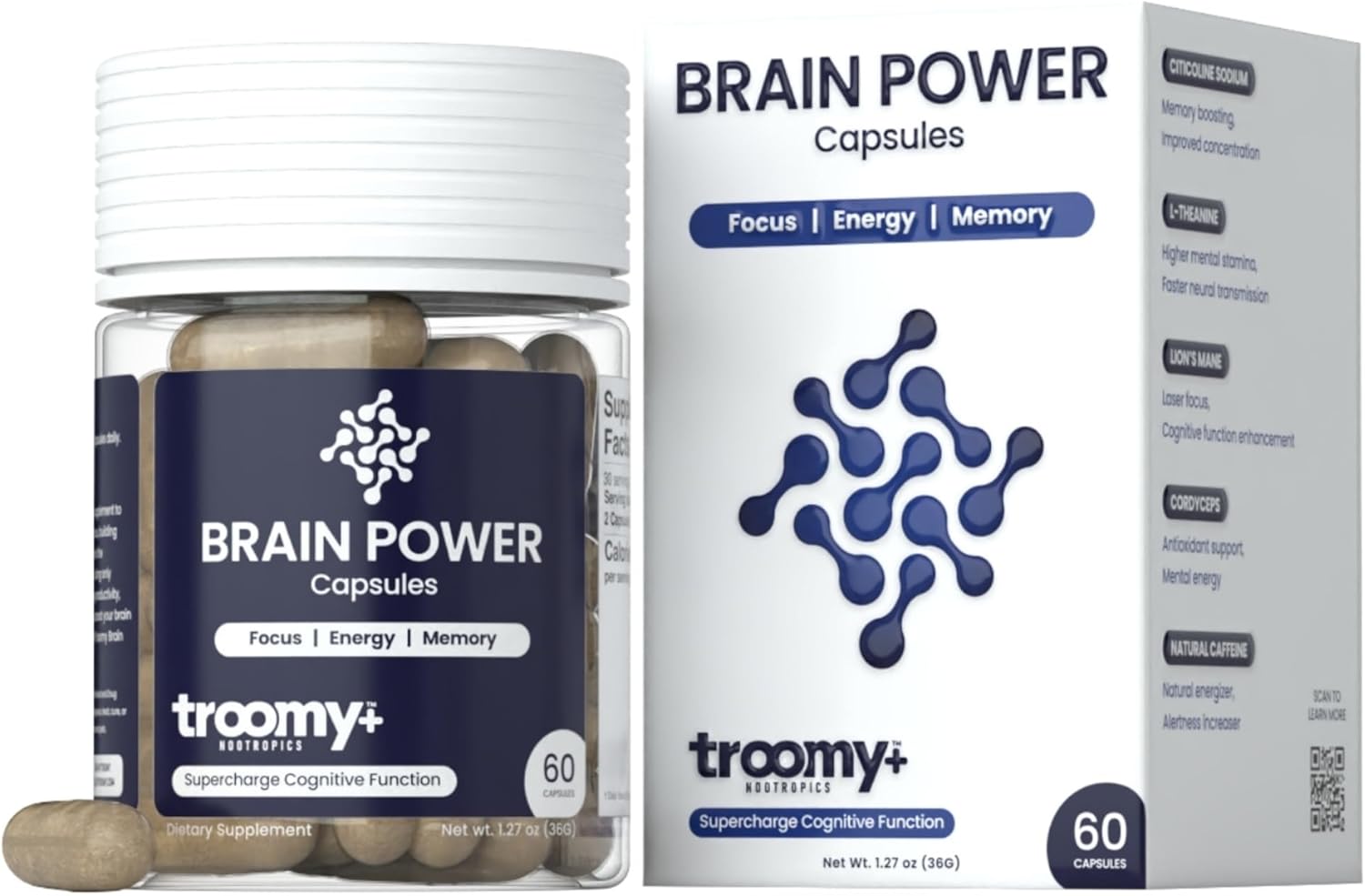 Citicoline Lion's Mane Cordyceps Brain Power Supplement - Boost Focus & Memory - 60 Capsules
