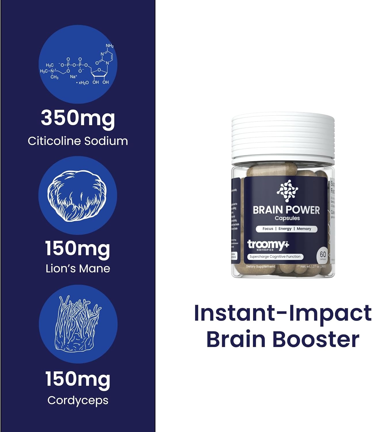 Citicoline Lion's Mane Cordyceps Brain Power Supplement - Boost Focus & Memory - 60 Capsules