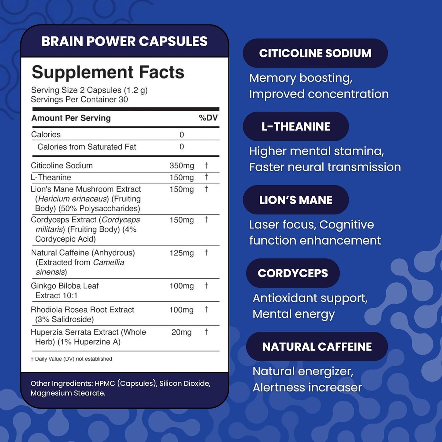 Citicoline Lion's Mane Cordyceps Brain Power Supplement - Boost Focus & Memory - 60 Capsules