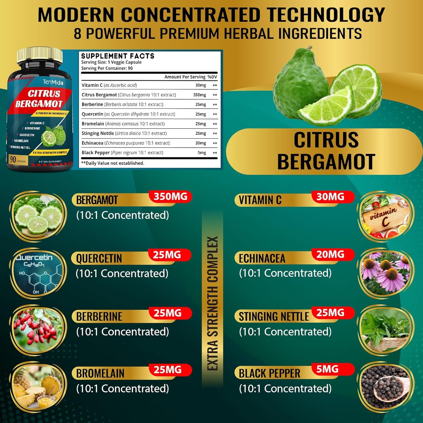 Citrus Bergamot Extract Capsules with Vitamin C and Herbal Blend - 90 Capsules, 3 Month Supply