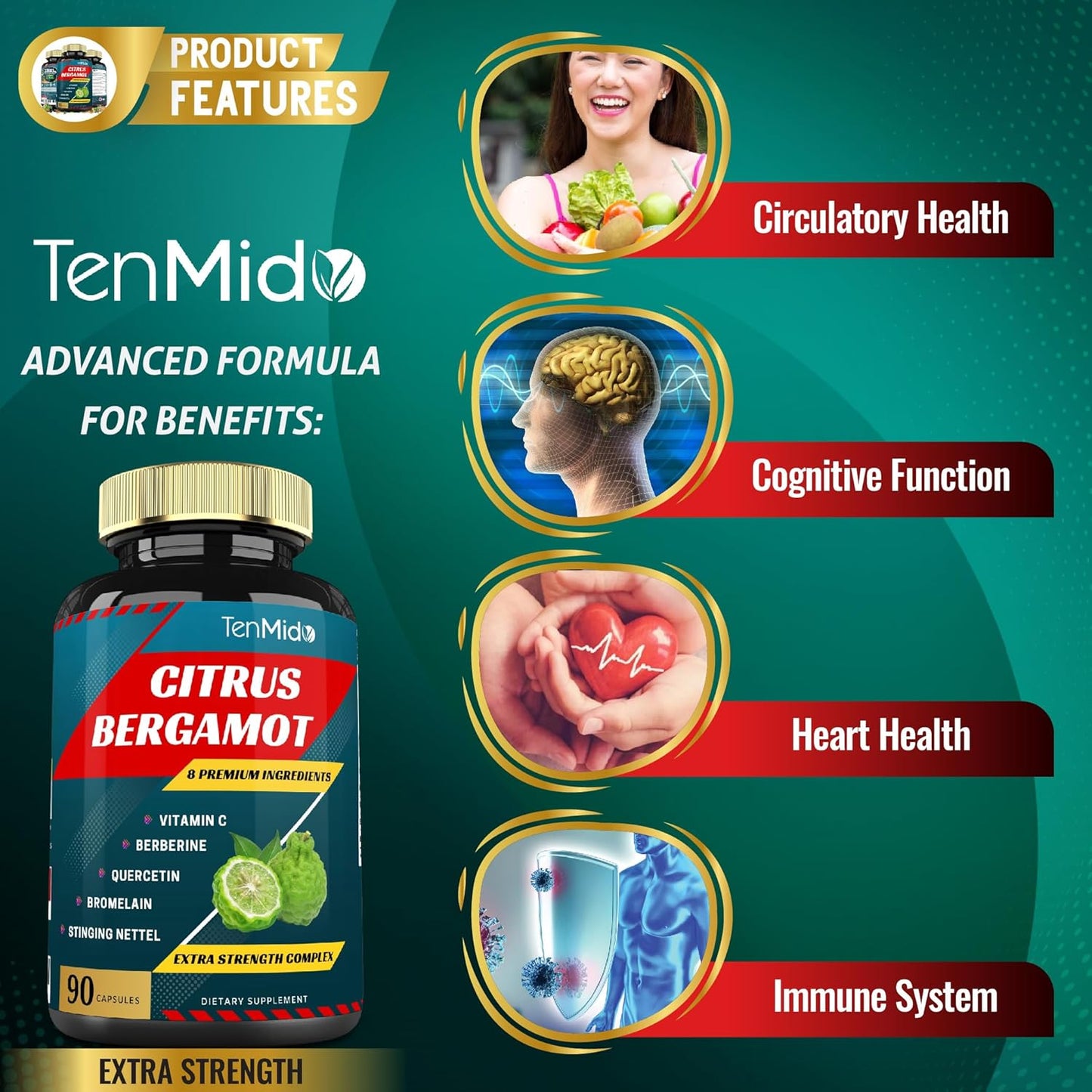 Citrus Bergamot Extract Capsules with Vitamin C and Herbal Blend - 90 Capsules, 3 Month Supply