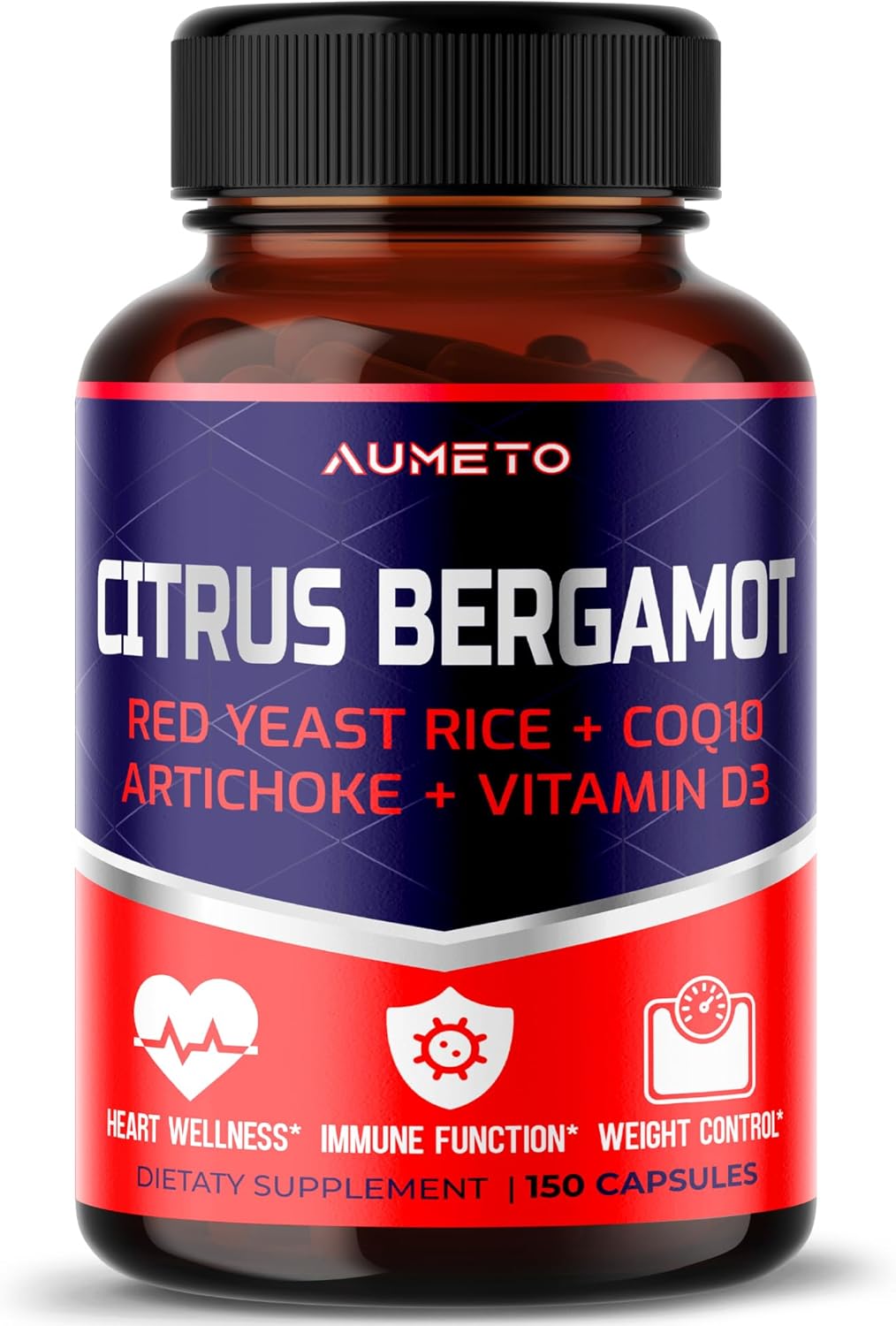 Citrus Bergamot Supplement with Red Yeast Rice, CoQ10, Artichoke, Vitamin D3 - Promotes Circulation and Immune Health (150 Count)