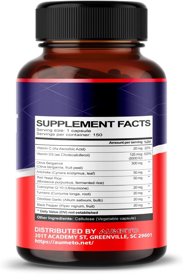 Citrus Bergamot Supplement with Red Yeast Rice, CoQ10, Artichoke, Vitamin D3 - Promotes Circulation and Immune Health (150 Count)