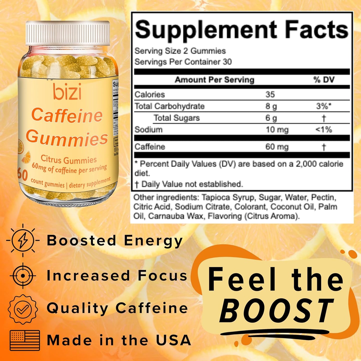 Citrus Flavored Bizi Caffeine Gummies - Energy Boosting Supplement for Men and Women, 30mg Caffeine per Gummy, 60 Count