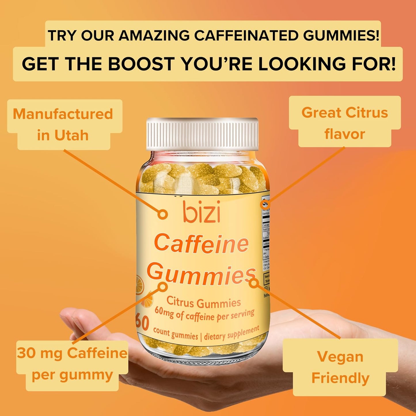 Citrus Flavored Bizi Caffeine Gummies - Energy Boosting Supplement for Men and Women, 30mg Caffeine per Gummy, 60 Count