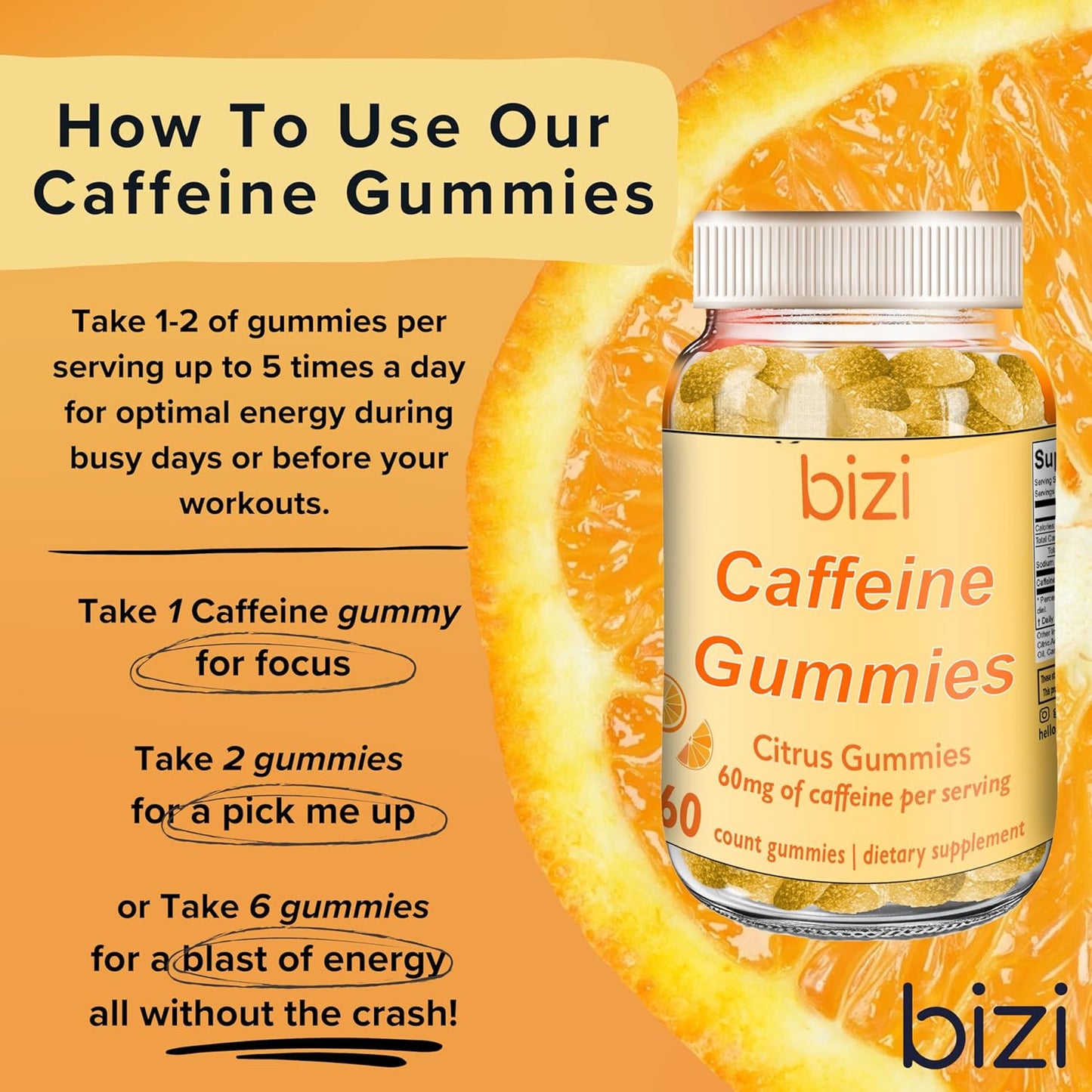 Citrus Flavored Bizi Caffeine Gummies - Energy Boosting Supplement for Men and Women, 30mg Caffeine per Gummy, 60 Count