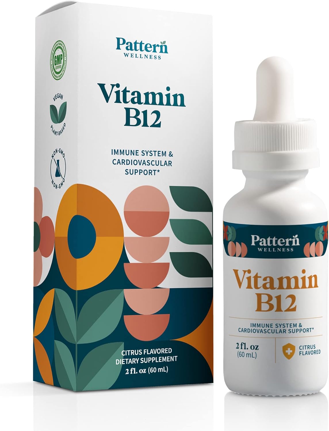 Citrus Flavored Vegan Liquid Drops - Pattern Wellness Vitamin B12 Supplement - 5000 mcg Methylcobalamin - Immune & Cardiovascular Support - 2 fl. oz