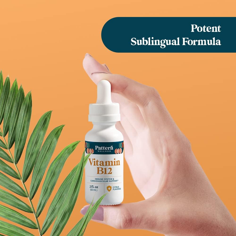 Citrus Flavored Vegan Liquid Drops - Pattern Wellness Vitamin B12 Supplement - 5000 mcg Methylcobalamin - Immune & Cardiovascular Support - 2 fl. oz