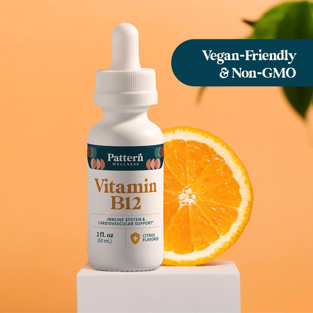Citrus Flavored Vegan Liquid Drops - Pattern Wellness Vitamin B12 Supplement - 5000 mcg Methylcobalamin - Immune & Cardiovascular Support - 2 fl. oz
