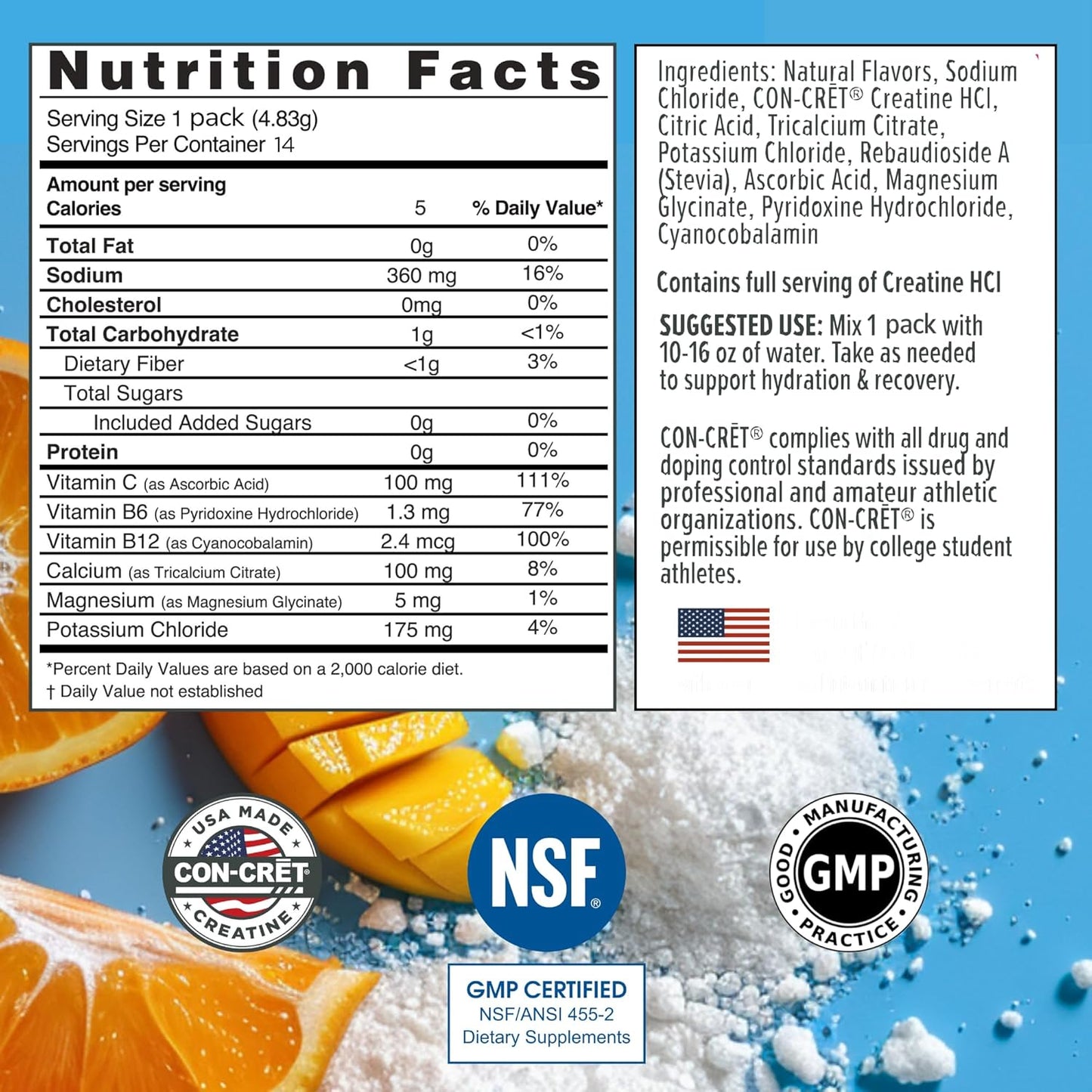 Citrus Mango Electrolyte Powder Packets with Creatine HCl for Hydration and Recovery (14 Count)
