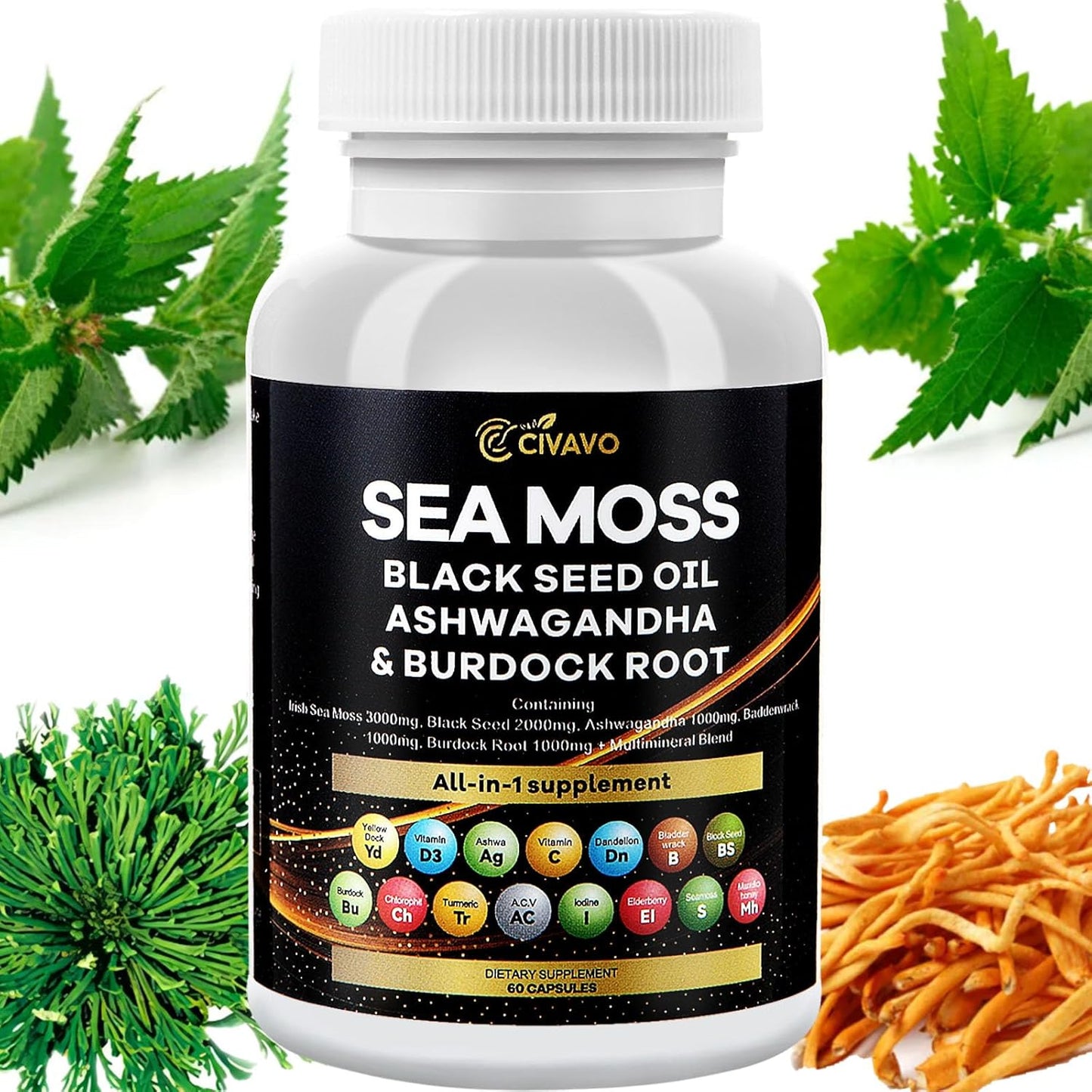 Civavo Superfood Supplement Blend with Sea Moss, Black Seed Oil, Ashwagandha, Bladderwrack, Turmeric, Burdock, Elderberry, and more - BoostGo Australia