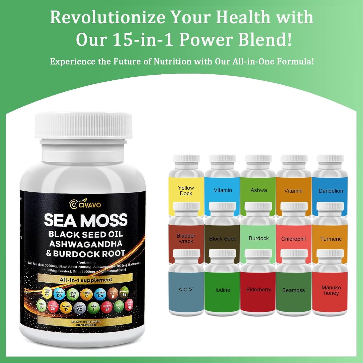 Civavo Superfood Supplement Blend with Sea Moss, Black Seed Oil, Ashwagandha, Bladderwrack, Turmeric, Burdock, Elderberry, and more - BoostGo Australia