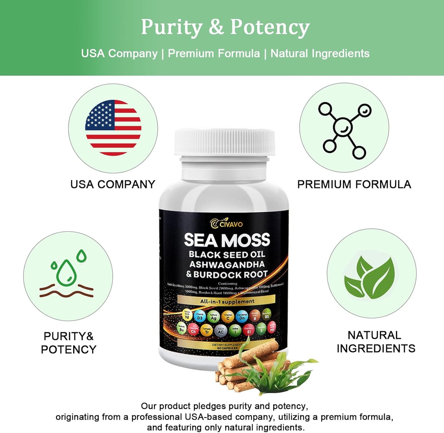 Civavo Superfood Supplement Blend with Sea Moss, Black Seed Oil, Ashwagandha, Bladderwrack, Turmeric, Burdock, Elderberry, and more - BoostGo Australia