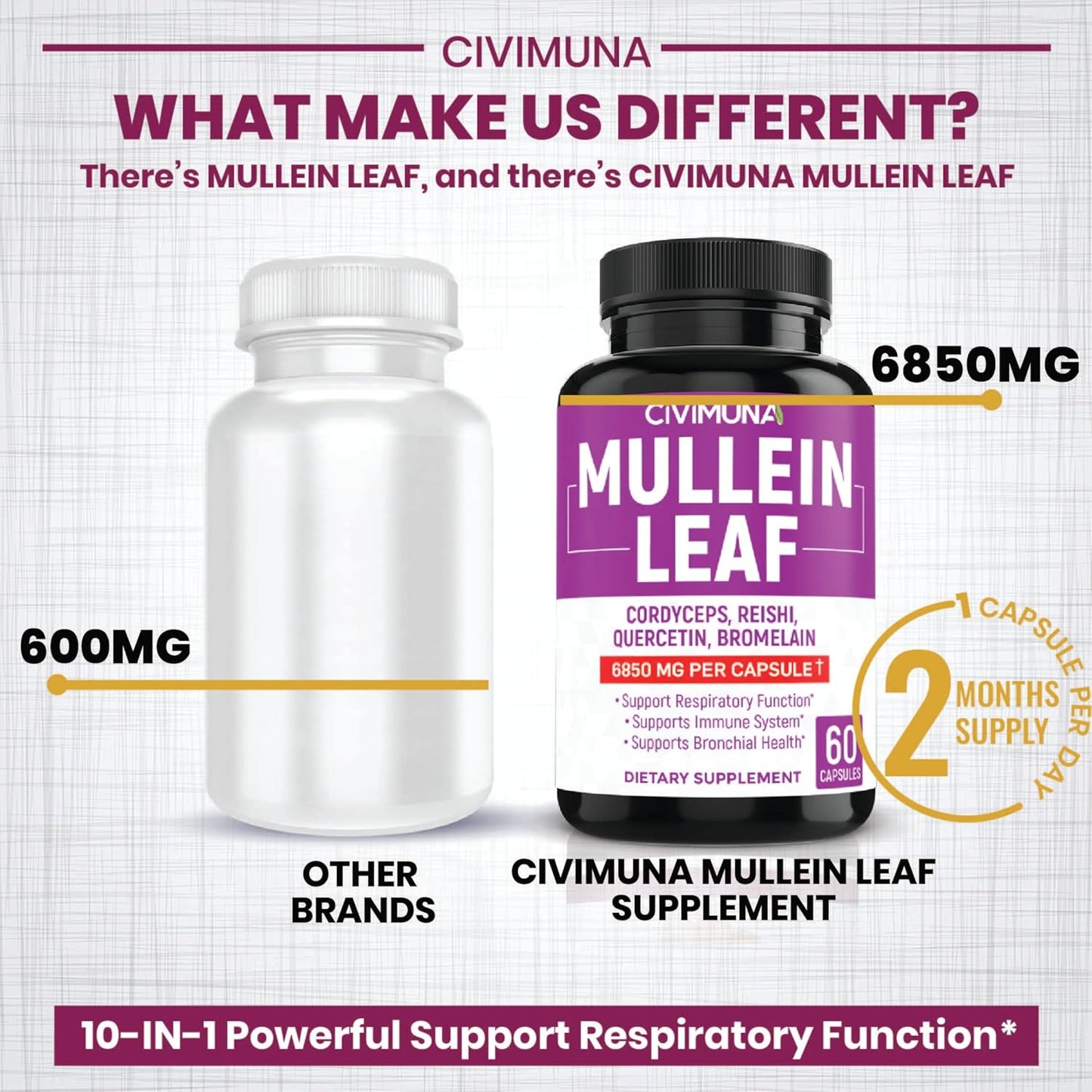 CIVIMUNA Mullein Leaf Capsules 6850mg (2 Packs) - Cordyceps, Reishi - 4 Month Supply