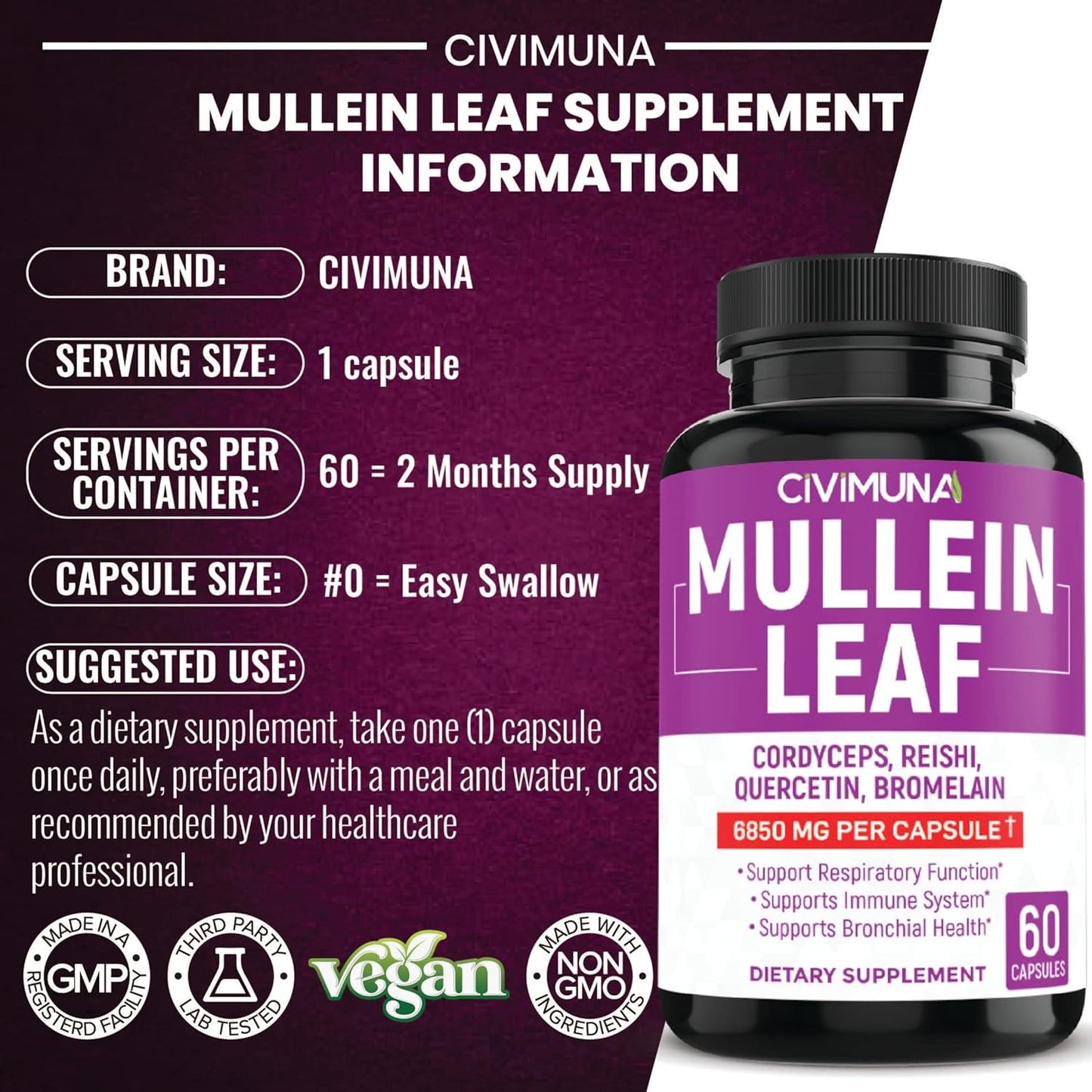 CIVIMUNA Mullein Leaf Capsules 6850mg (2 Packs) - Cordyceps, Reishi - 4 Month Supply