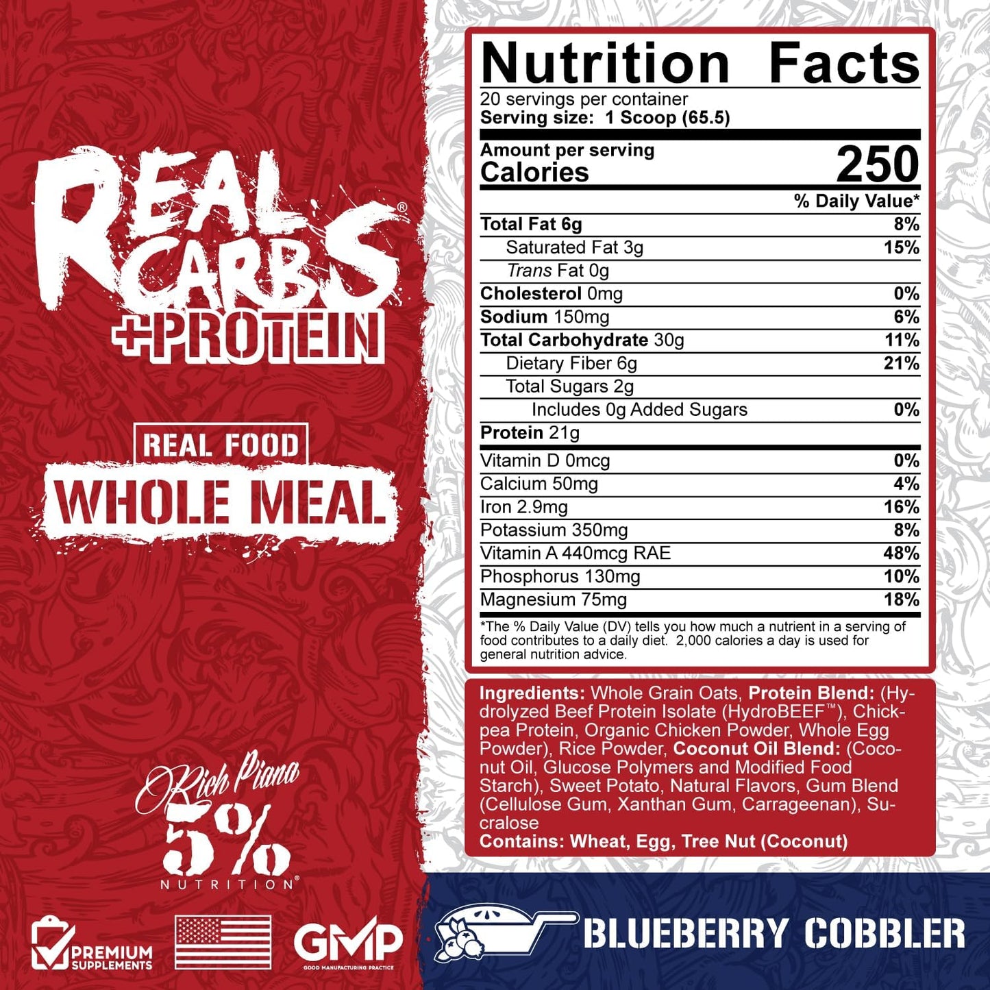 Clean Mass Gainer Protein Powder with Real Carbs + Protein | Rich Piana Real Food Carbohydrate Fuel for Pre/Post-Workout Recovery | Blueberry Cobbler Flavor | 2.89 lb, 20 Servings