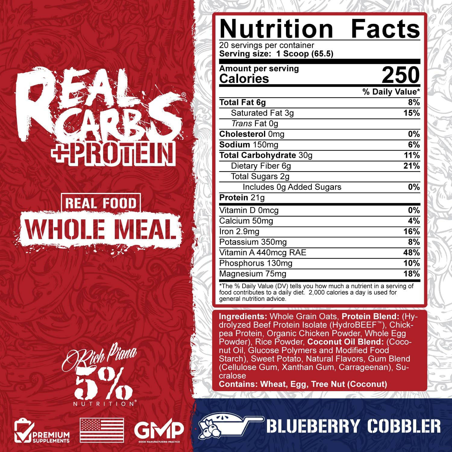 Clean Mass Gainer Protein Powder with Real Carbs + Protein | Rich Piana Real Food Carbohydrate Fuel for Pre/Post-Workout Recovery | Blueberry Cobbler Flavor | 2.89 lb, 20 Servings