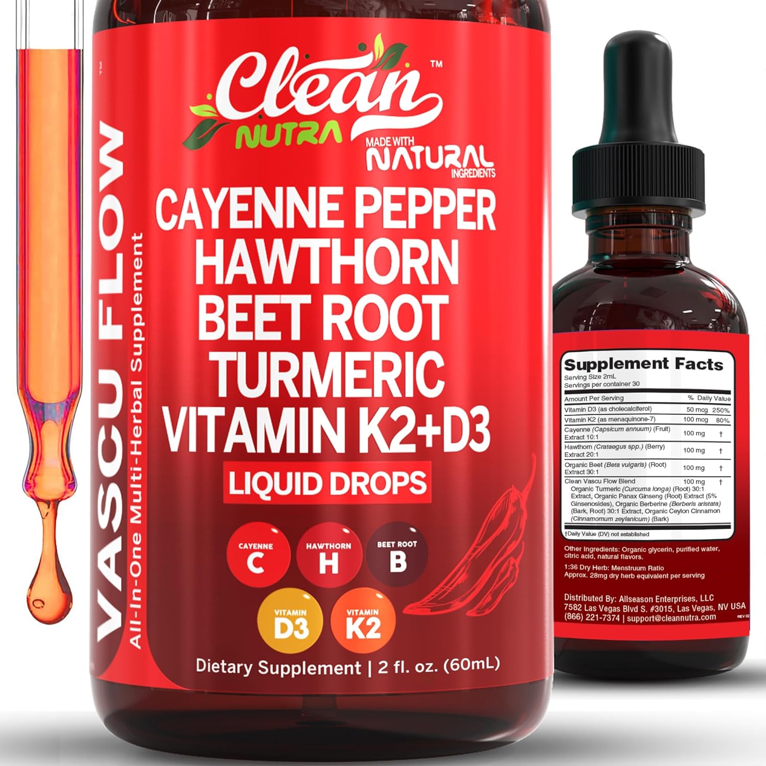 Clean Nutra Liquid Drops Supplement with Cayenne Pepper, Hawthorn Berry, Vitamin D3 K2, Beet Root Powder, Ceylon Cinnamon, Turmeric Curcumin, Organic Panax Ginseng, and Berberine Extract - VIT D K Formula