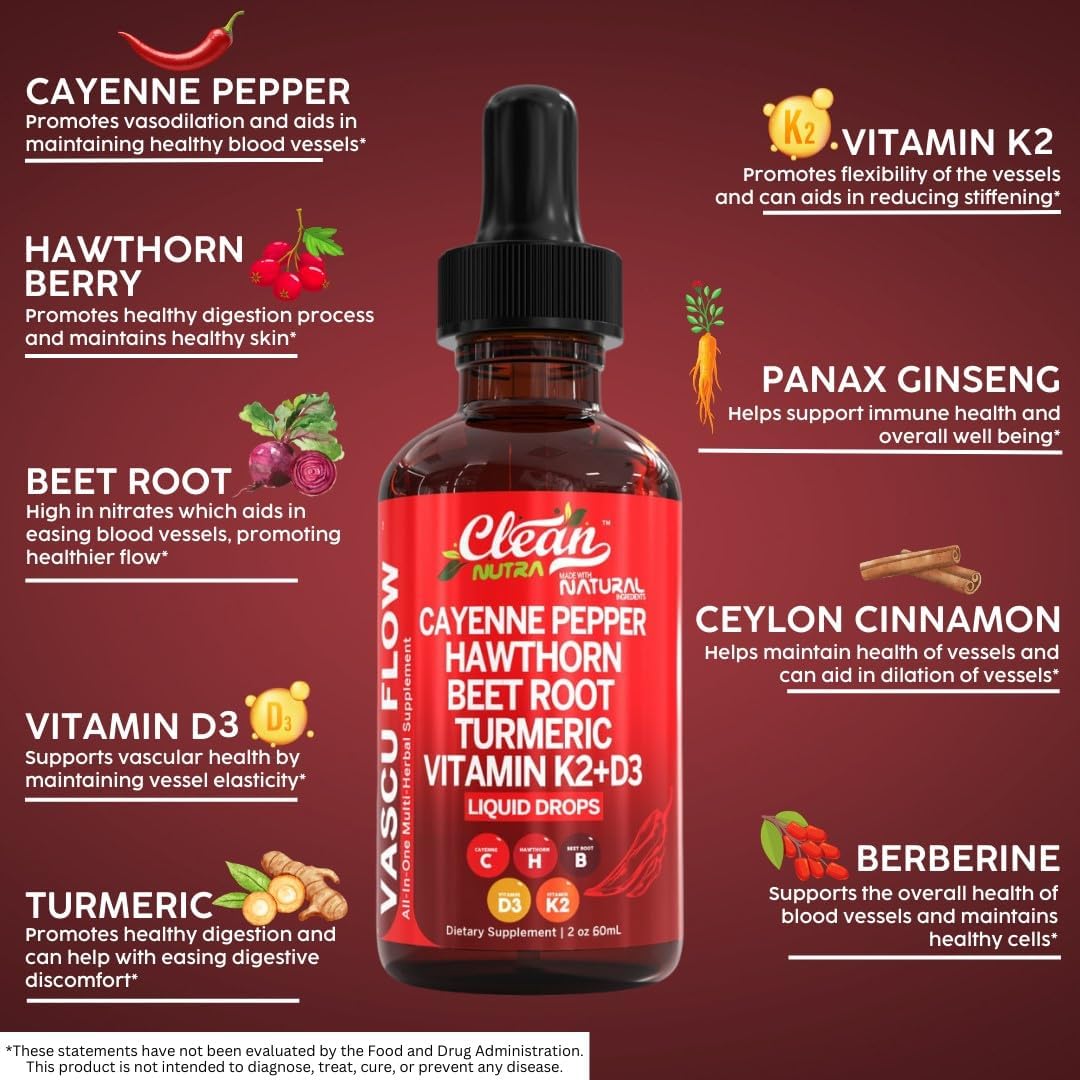 Clean Nutra Liquid Drops Supplement with Cayenne Pepper, Hawthorn Berry, Vitamin D3 K2, Beet Root Powder, Ceylon Cinnamon, Turmeric Curcumin, Organic Panax Ginseng, and Berberine Extract - VIT D K Formula