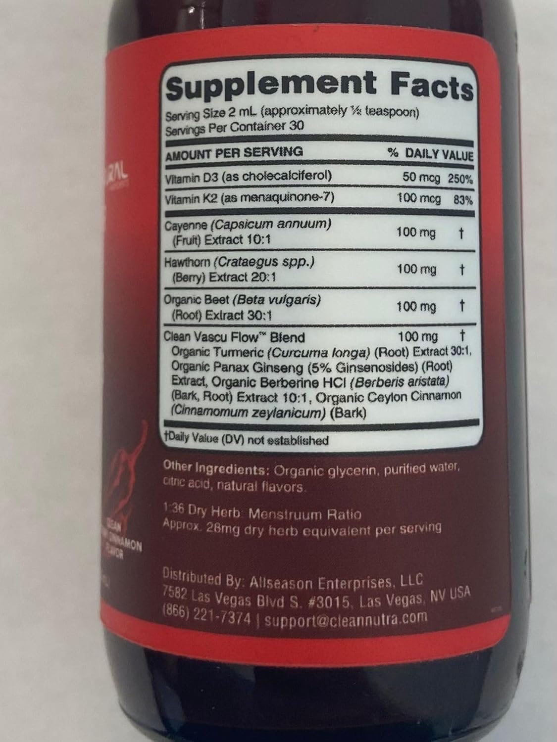 Clean Nutra Liquid Drops Supplement with Cayenne Pepper, Hawthorn Berry, Vitamin D3 K2, Beet Root Powder, Ceylon Cinnamon, Turmeric Curcumin, Organic Panax Ginseng, and Berberine Extract - VIT D K Formula