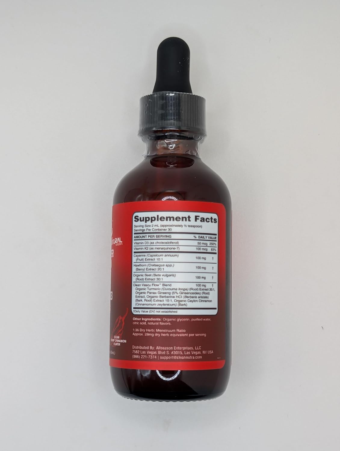 Clean Nutra Liquid Drops Supplement with Cayenne Pepper, Hawthorn Berry, Vitamin D3 K2, Beet Root Powder, Ceylon Cinnamon, Turmeric Curcumin, Organic Panax Ginseng, and Berberine Extract - VIT D K Formula