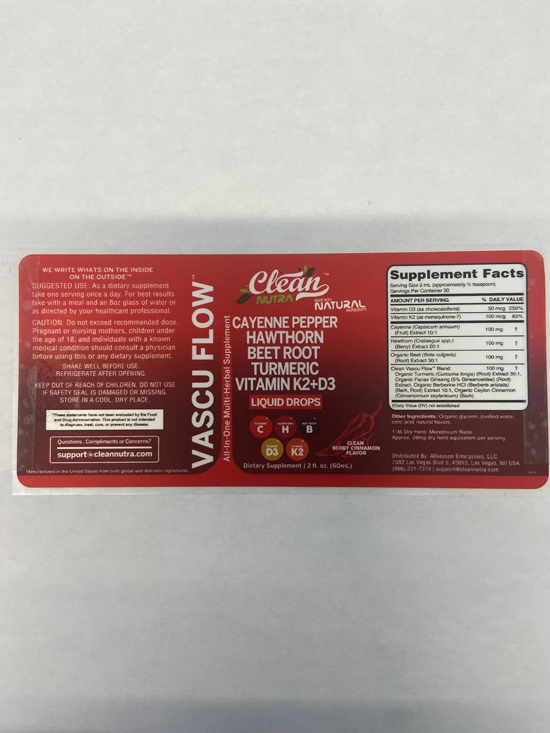 Clean Nutra Liquid Drops Supplement with Cayenne Pepper, Hawthorn Berry, Vitamin D3 K2, Beet Root Powder, Ceylon Cinnamon, Turmeric Curcumin, Organic Panax Ginseng, and Berberine Extract - VIT D K Formula