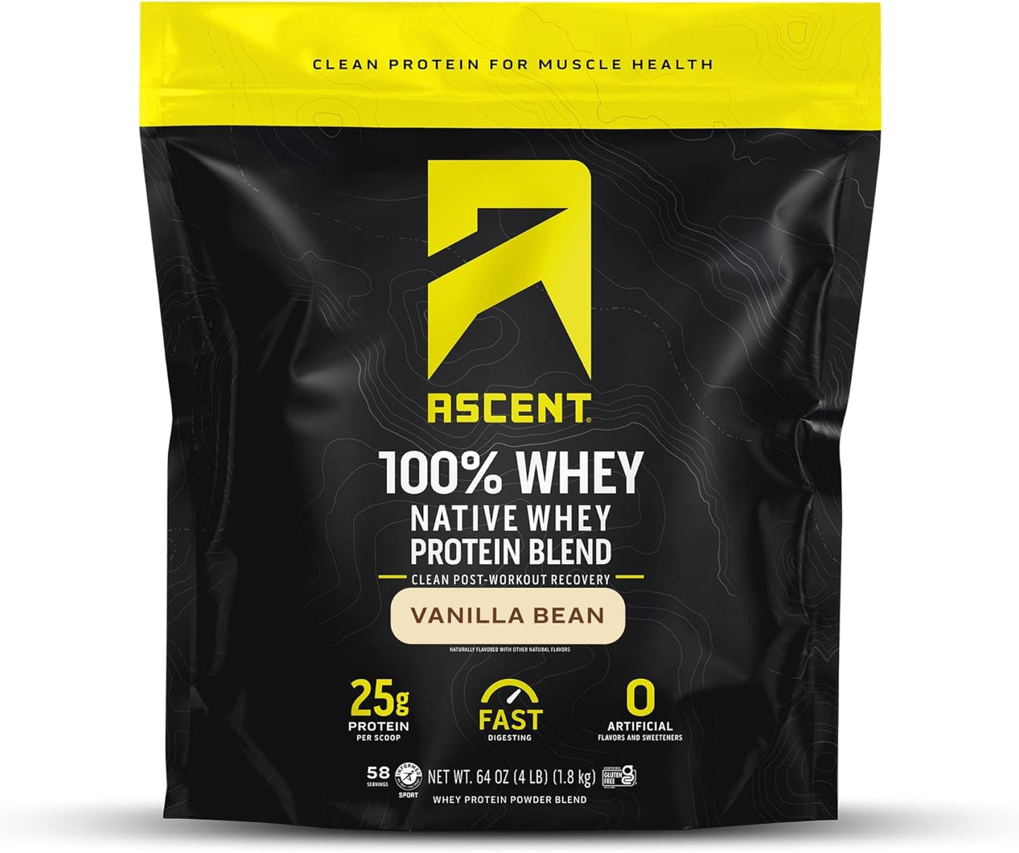 Clean Post Workout Recovery: Ascent 100% Whey Native Protein Blend, 5.5g BCAA, 2.6g Leucine, Zero Artificial Ingredients, Vanilla Bean 4 lb.