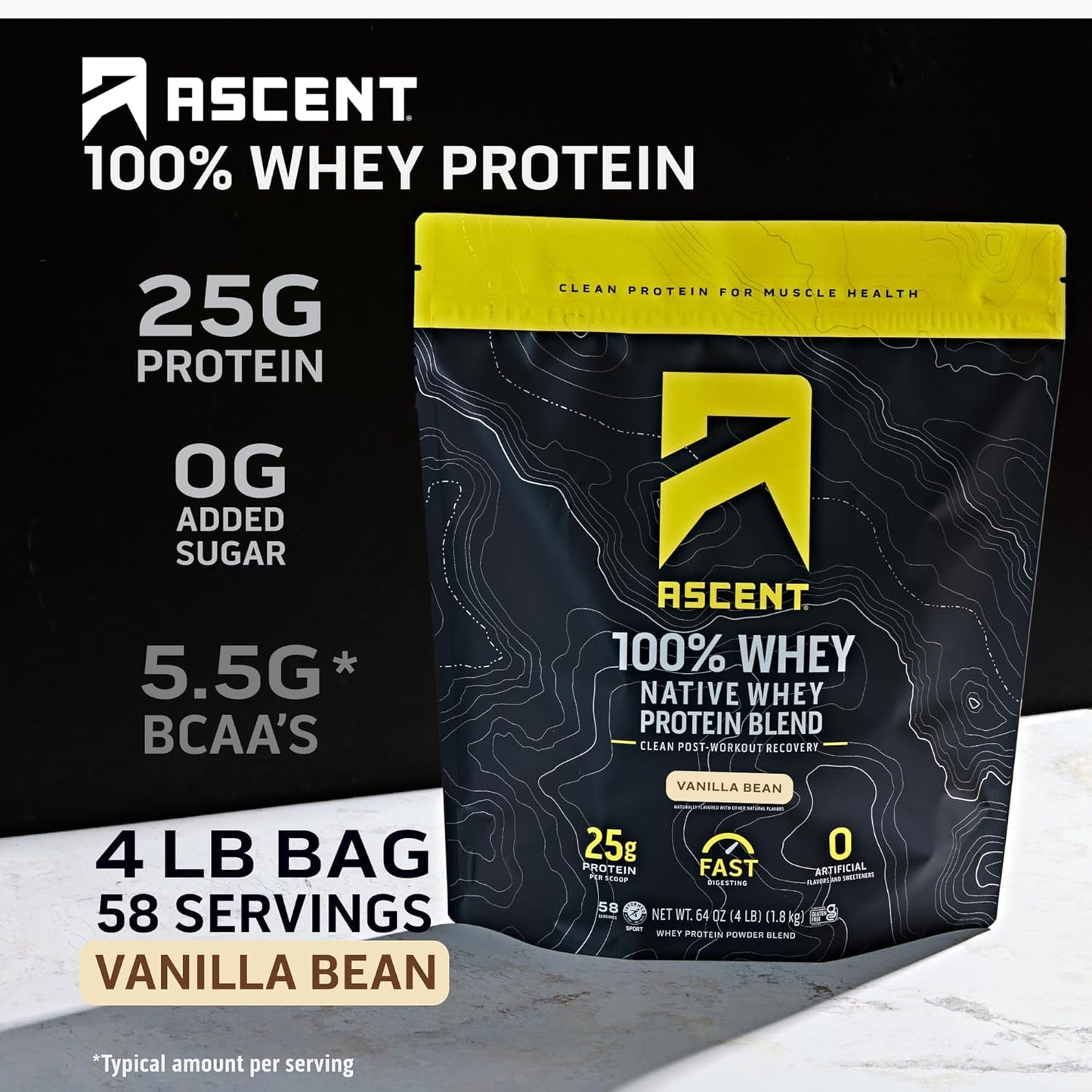 Clean Post Workout Recovery: Ascent 100% Whey Native Protein Blend, 5.5g BCAA, 2.6g Leucine, Zero Artificial Ingredients, Vanilla Bean 4 lb.
