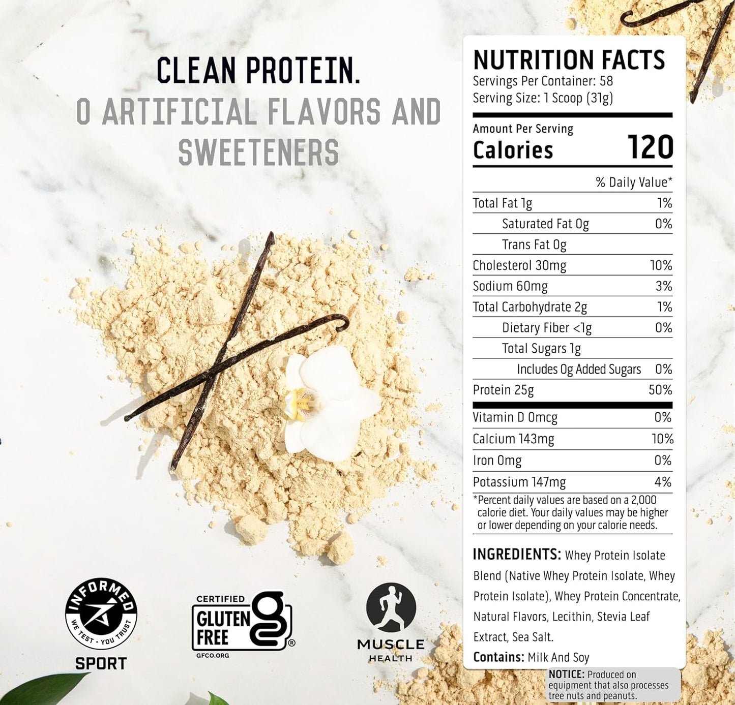 Clean Post Workout Recovery: Ascent 100% Whey Native Protein Blend, 5.5g BCAA, 2.6g Leucine, Zero Artificial Ingredients, Vanilla Bean 4 lb.