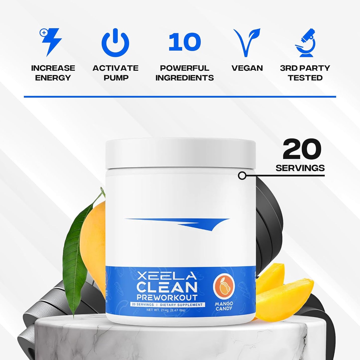 Clean & Safe XEELA Pre Workout Supplement for Jitter-Free Energy Boost - Organic Caffeine, Creatine, and Citrulline Formula for Endurance and Focus - Mango Candy Flavor